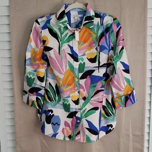 Chicos Top, Size 6, Buttondown, Cotton, Tropical Watercolors